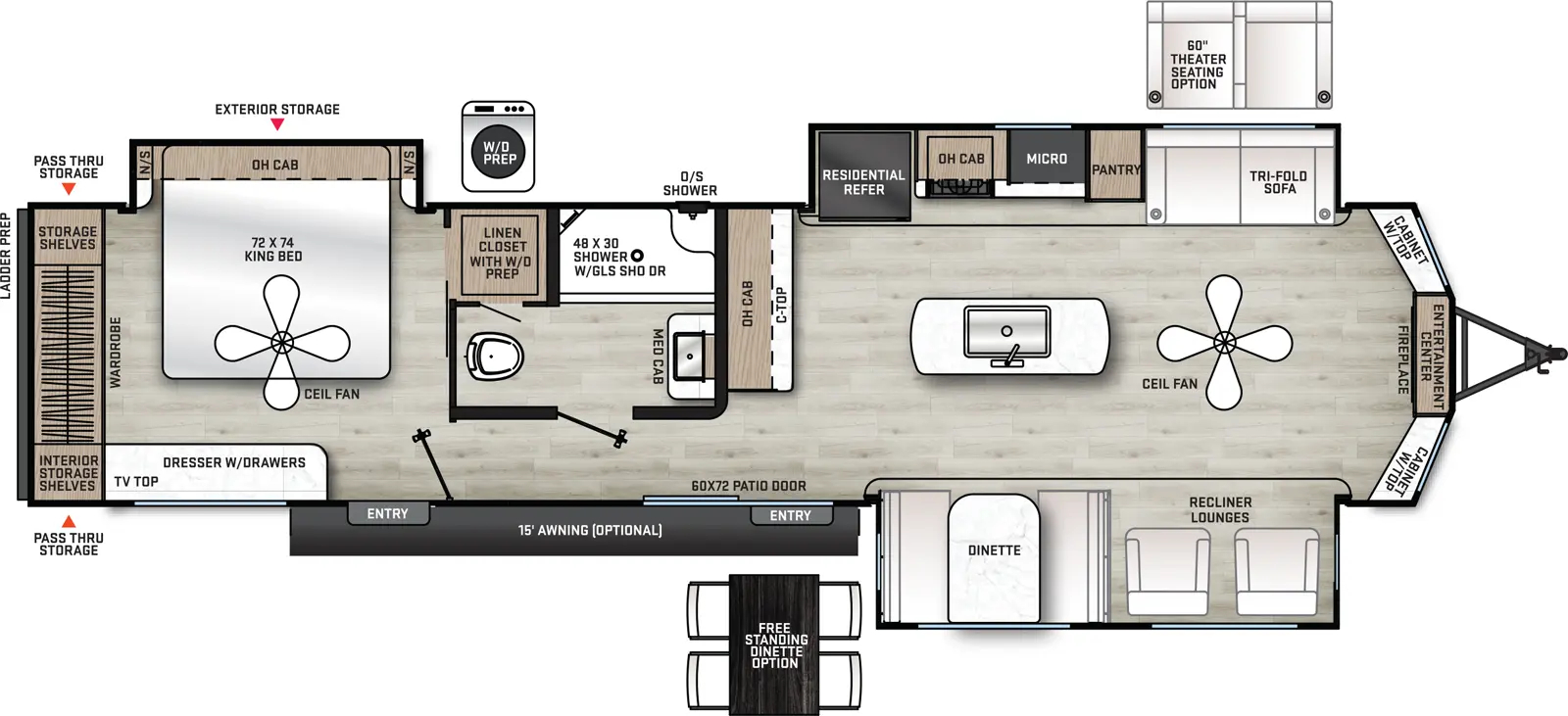 The 39FLTS has three slide outs and two entry doors. Exterior features an optional 15 foot awning and rear pass-thru storage. Interior layout front to back: entertainment center, with fireplace below and cabinet with top on either side; off door side slide out with theater seating, pantry, microwave, cook top stove, overhead cabinet, and residential refrigerator; kitchen island with sink and paddle fan; door side slide out with recliner lounges and dinette; countertop with overhead cabinet along inner wall; patio door entry; off door side full bathroom with medicine cabinet; rear bedroom with off door side king bed slide out with overhead cabinet and night stands on each side, linen closet with washer/dryer prep, dresser with drawers and TV top on door side, rear wardrobe with storage shelves, and second entry door. Optional free standing dinette available in place of standard dinette.